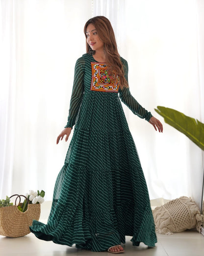 BOTTLE GREEN Vibrant Laheriya Print Georgette Anarkali Gown Dress