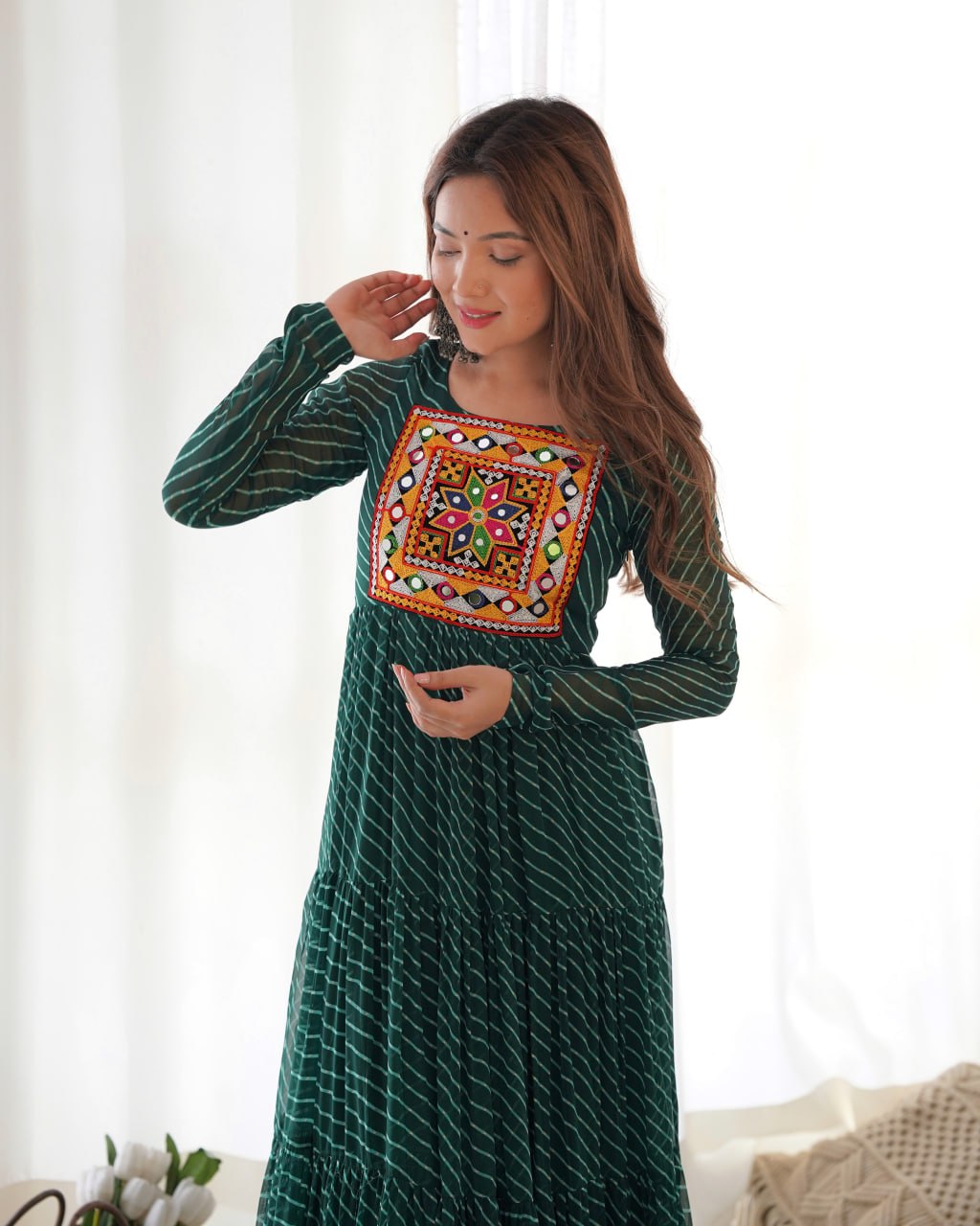 BOTTLE GREEN Vibrant Laheriya Print Georgette Anarkali Gown Dress
