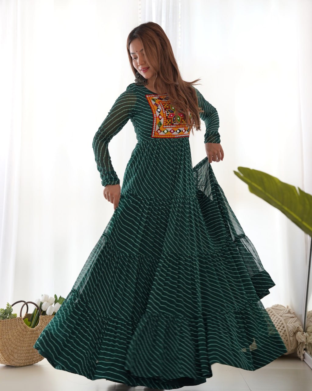 BOTTLE GREEN Vibrant Laheriya Print Georgette Anarkali Gown Dress