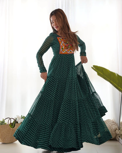 BOTTLE GREEN Vibrant Laheriya Print Georgette Anarkali Gown Dress