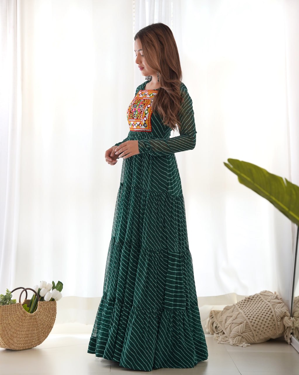 BOTTLE GREEN Vibrant Laheriya Print Georgette Anarkali Gown Dress