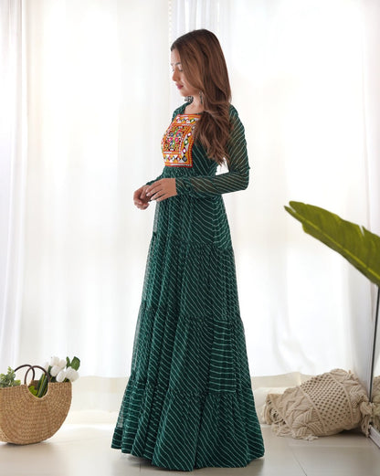BOTTLE GREEN Vibrant Laheriya Print Georgette Anarkali Gown Dress