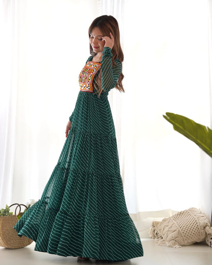 BOTTLE GREEN Vibrant Laheriya Print Georgette Anarkali Gown Dress