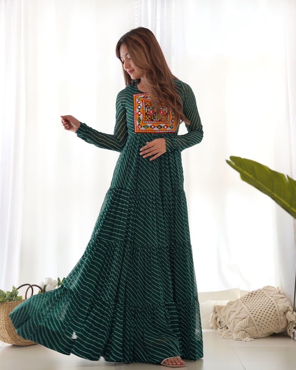 BOTTLE GREEN Vibrant Laheriya Print Georgette Anarkali Gown Dress