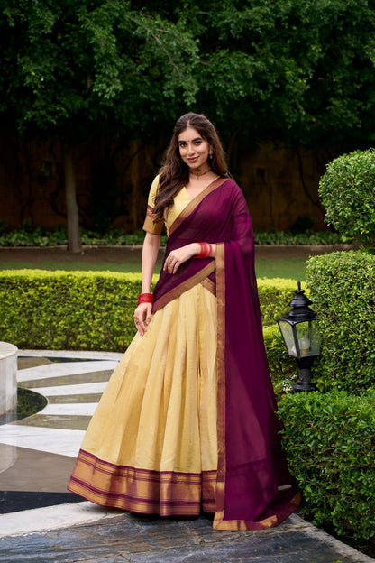 Brown Kanchipuram Zari Weaving Half Saree Lehenga Choli with Dupatta