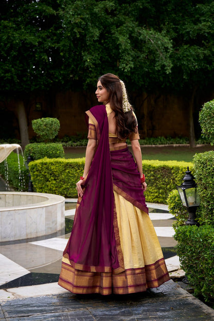 Brown Kanchipuram Zari Weaving Half Saree Lehenga Choli with Dupatta