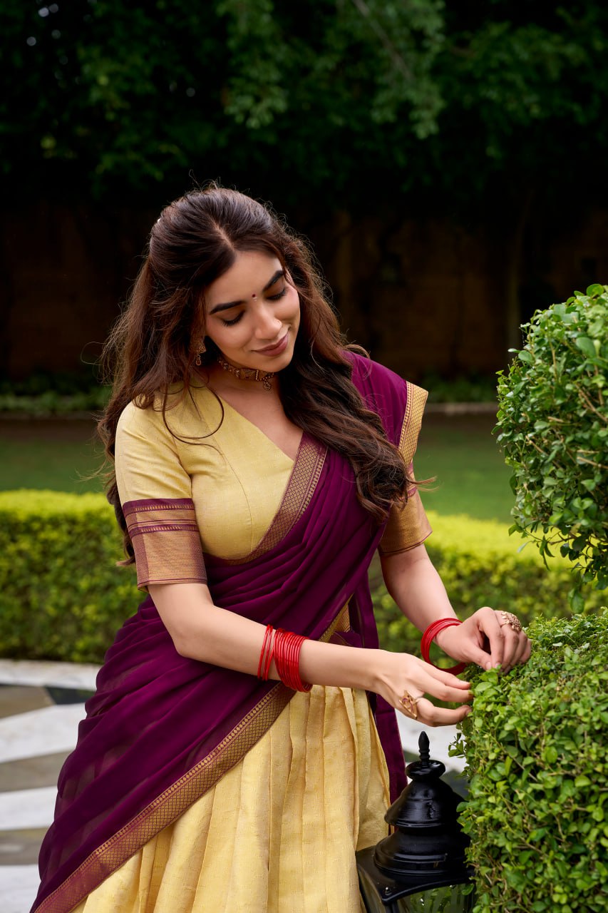 Brown Kanchipuram Zari Weaving Half Saree Lehenga Choli with Dupatta