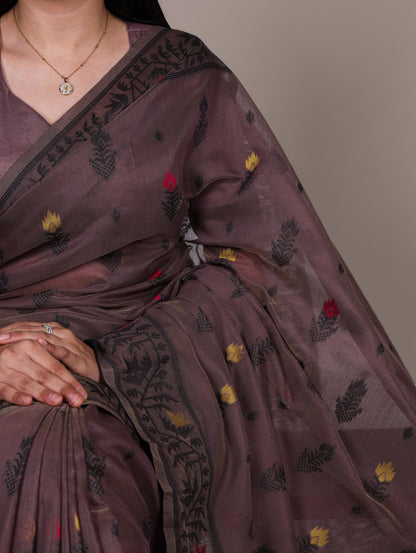 Brown Poly Cotton Thread Weaving Saree with Matching Blouse