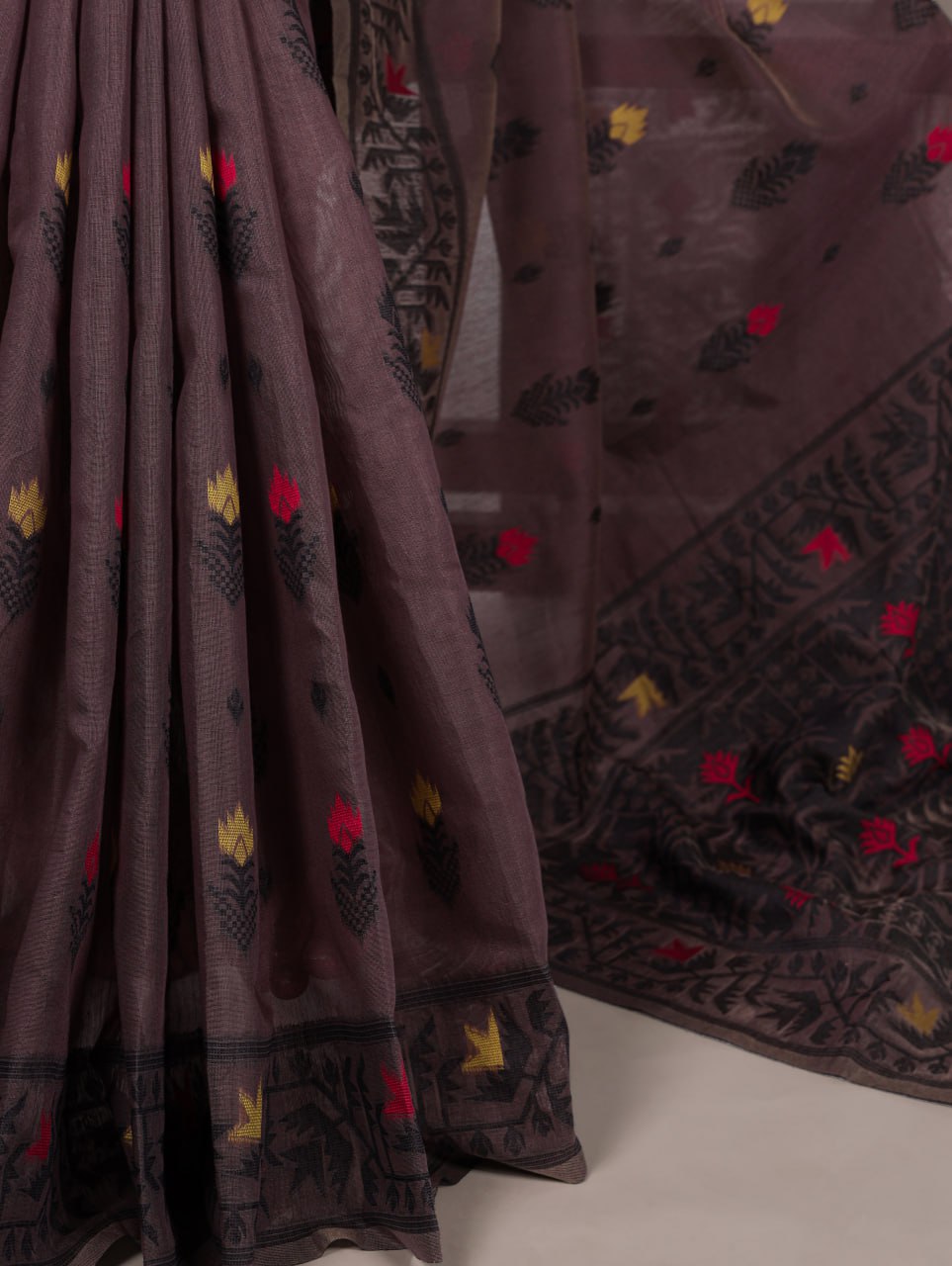 Brown Poly Cotton Thread Weaving Saree with Matching Blouse