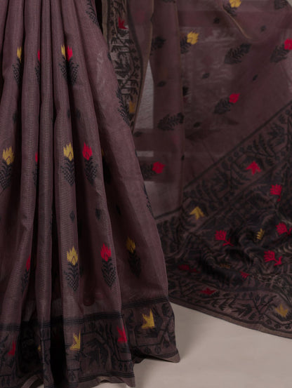 Brown Poly Cotton Thread Weaving Saree with Matching Blouse