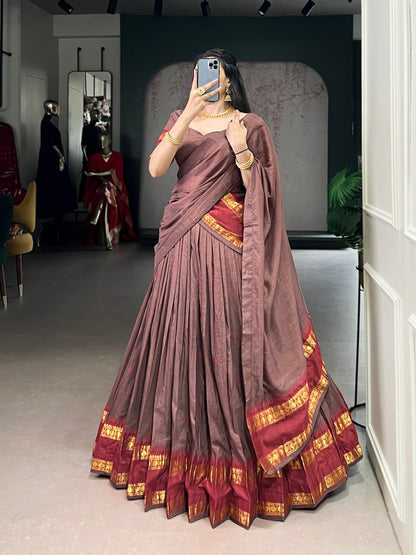 Brown Pure Traditional Chanderi Zari Weaving Saree Lehenga Choli Set