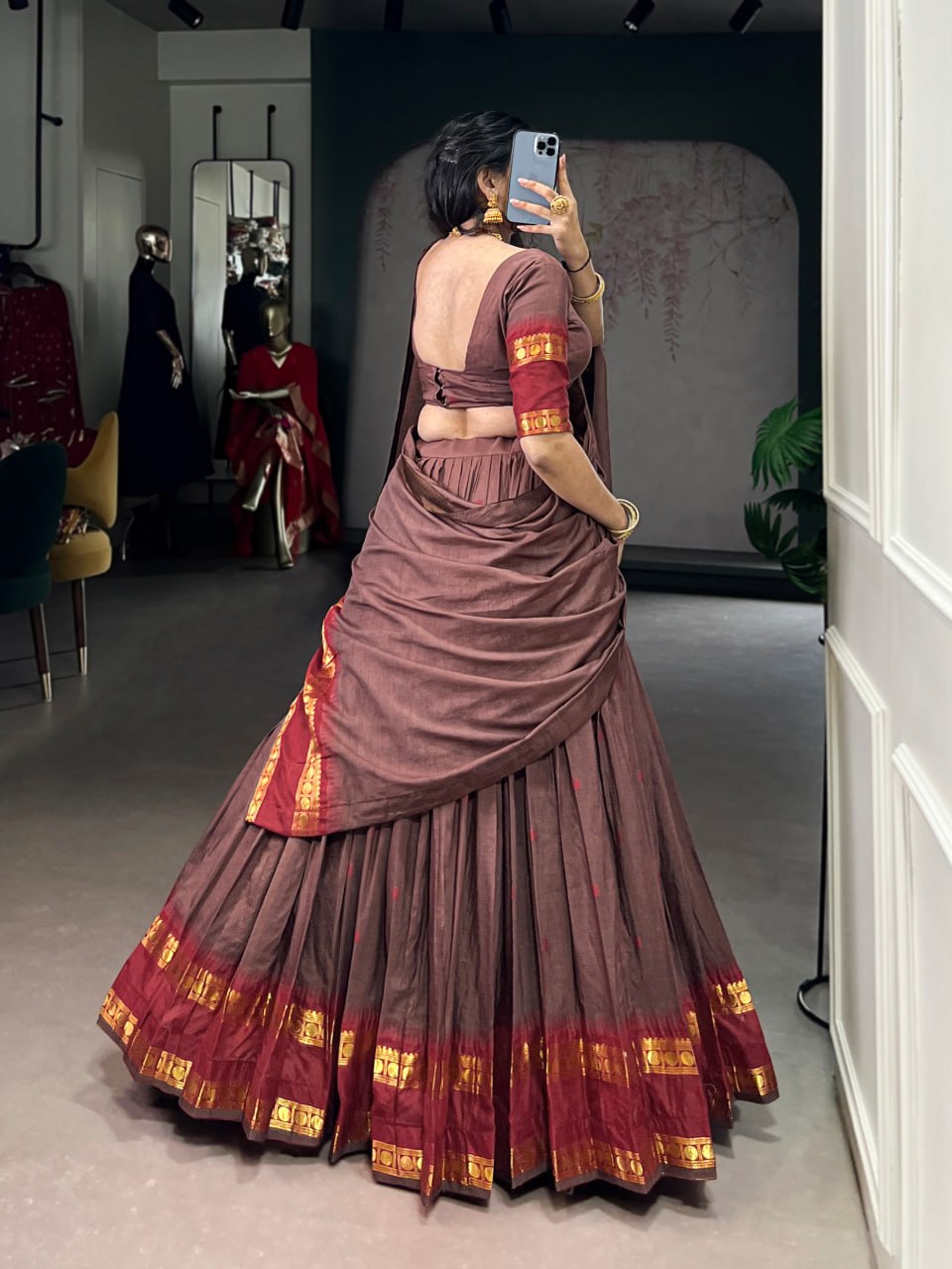 Brown Pure Traditional Chanderi Zari Weaving Saree Lehenga Choli Set