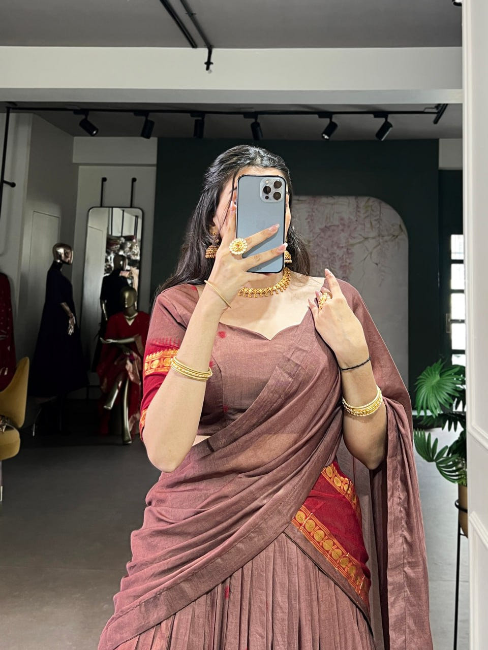 Brown Pure Traditional Chanderi Zari Weaving Saree Lehenga Choli Set