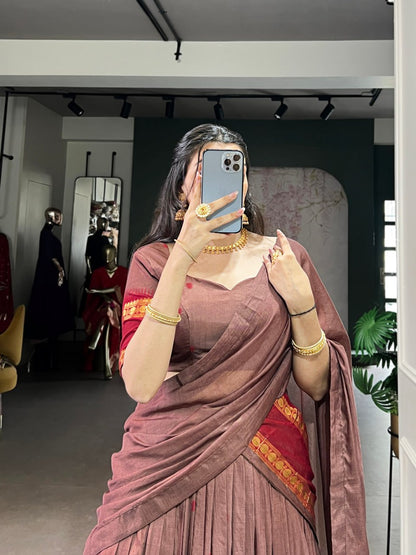 Brown Pure Traditional Chanderi Zari Weaving Saree Lehenga Choli Set