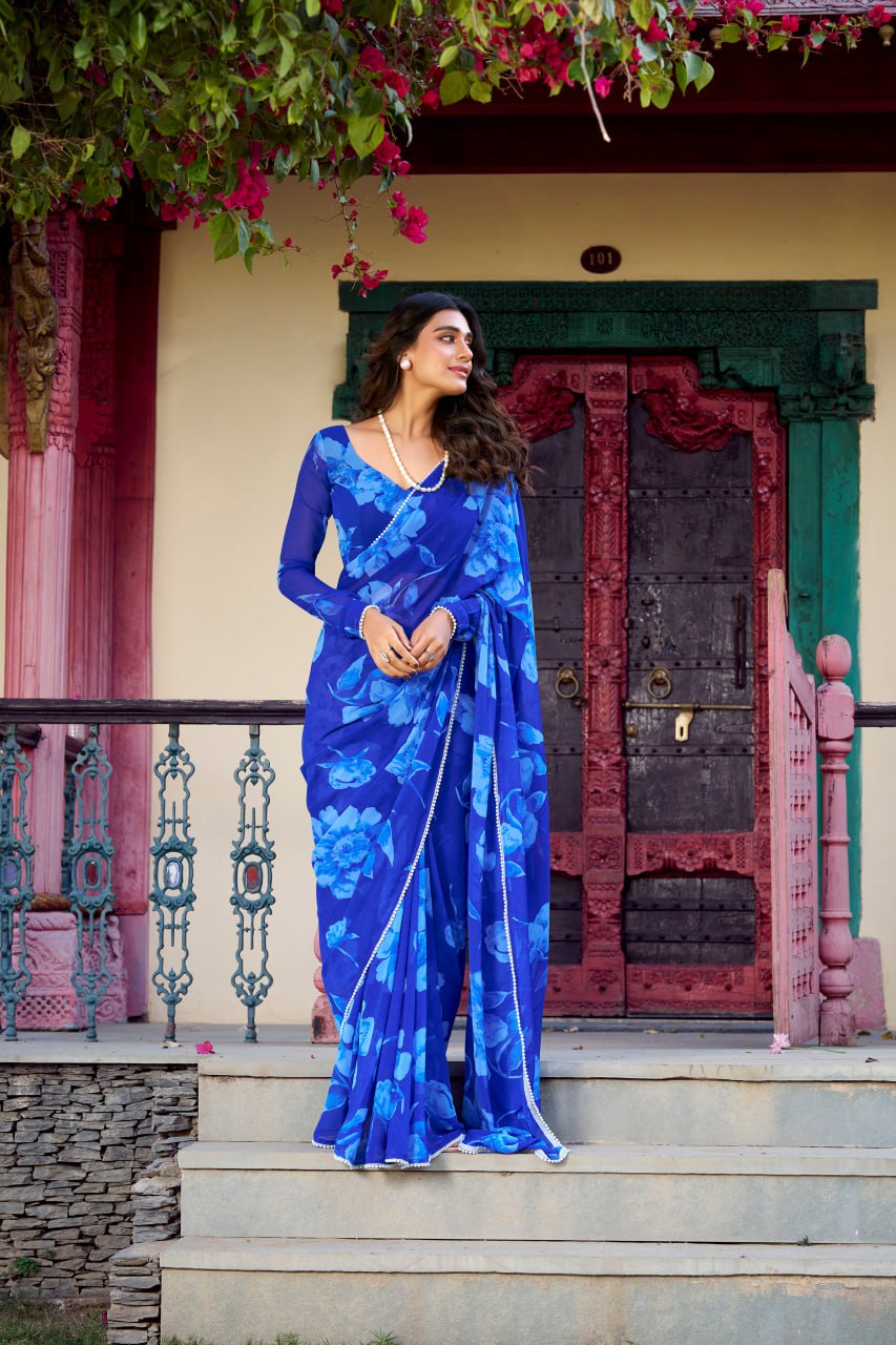 Bule Chiffon Floral Printed Saree Pearl Lace Border Matching Blouse