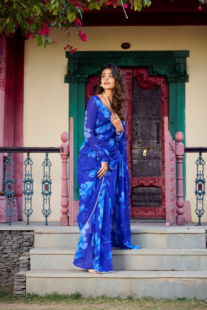 Bule Chiffon Floral Printed Saree Pearl Lace Border Matching Blouse 