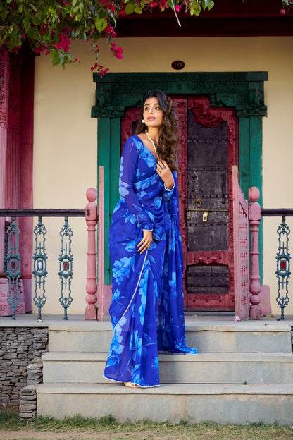 Bule Chiffon Floral Printed Saree Pearl Lace Border Matching Blouse 