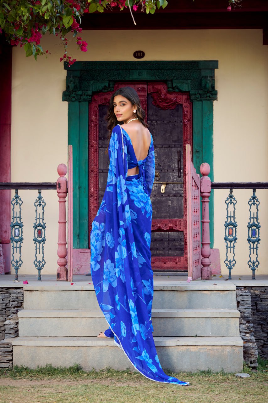 Bule Chiffon Floral Printed Saree Pearl Lace Border Matching Blouse