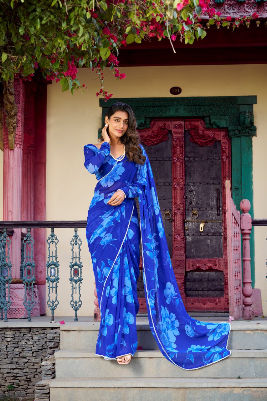 Bule Chiffon Floral Printed Saree Pearl Lace Border Matching Blouse