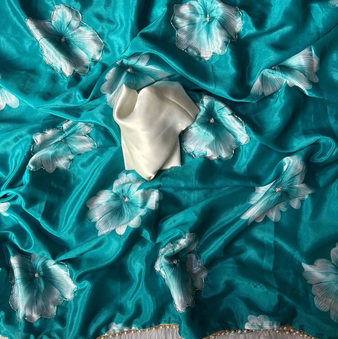 Bule Chinnon Silk Printed Saree with Satin Silk Blouse