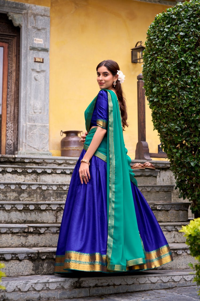 Bule Poly Cotton Zari Weaving Lehenga Choli Set with Green Dupatta