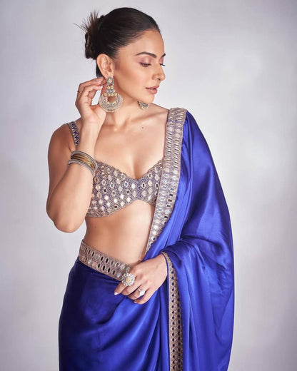 Bule Satin Silk Saree With A Mirror And Embroidery Work Blouse
