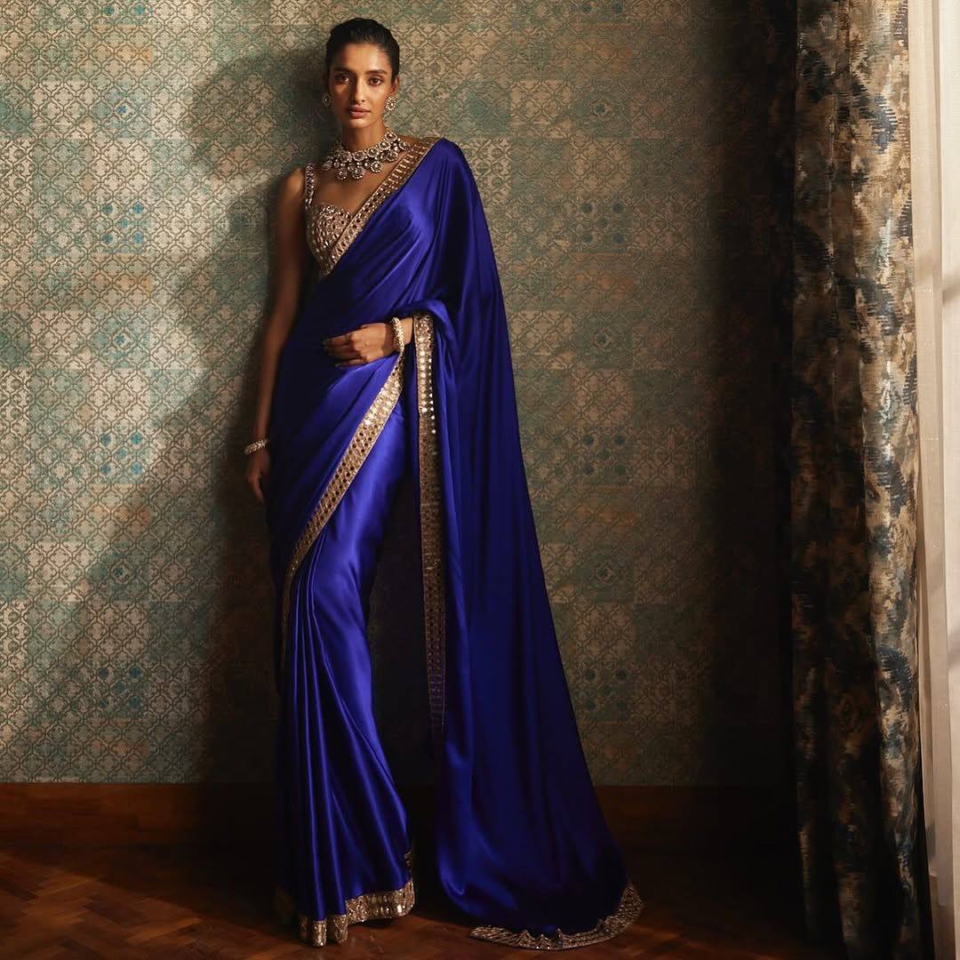 Bule Satin Silk Saree With A Mirror And Embroidery Work Blouse