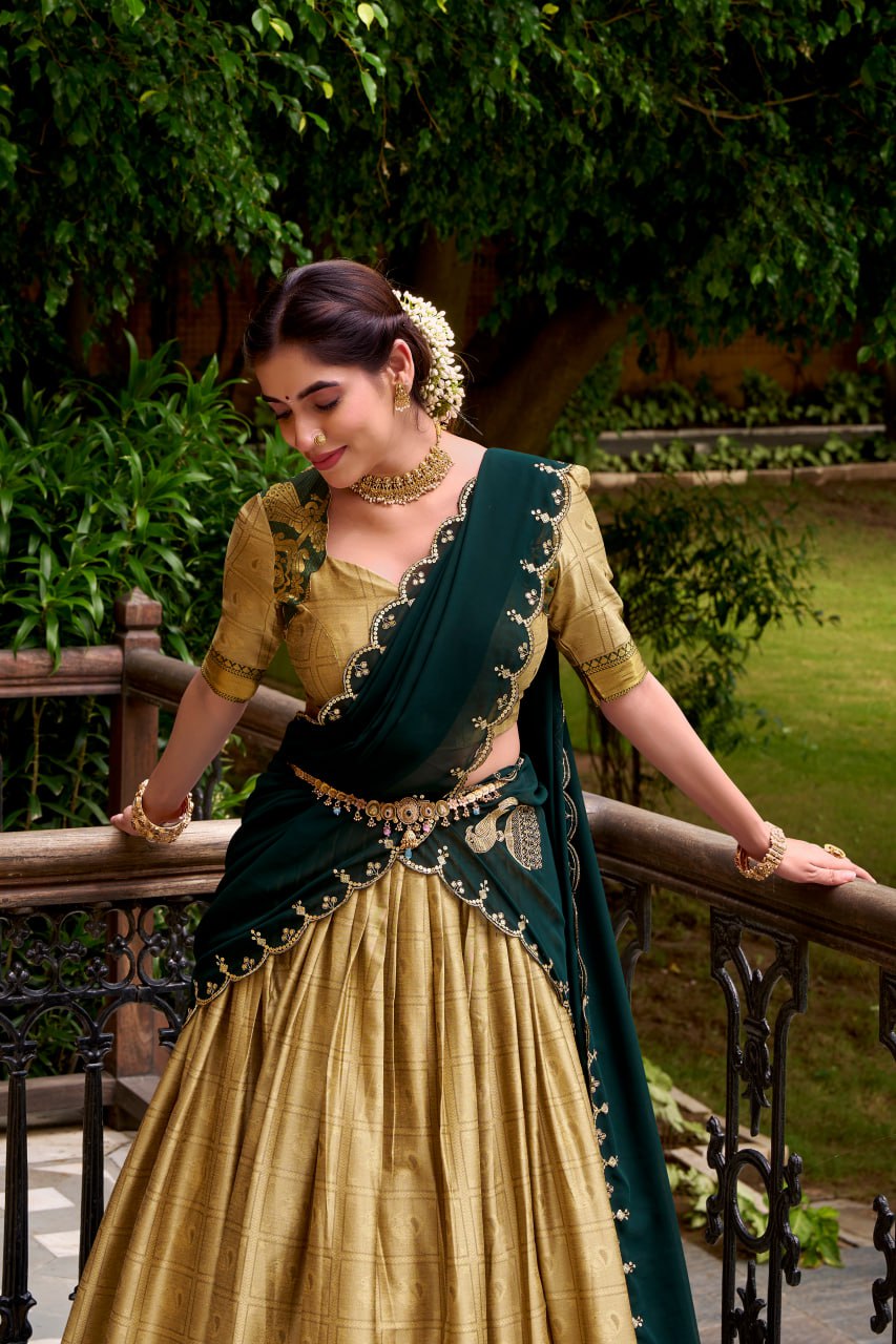 Cream Poly Cotton Zari Weaving Half Saree Lehenga Choli Set