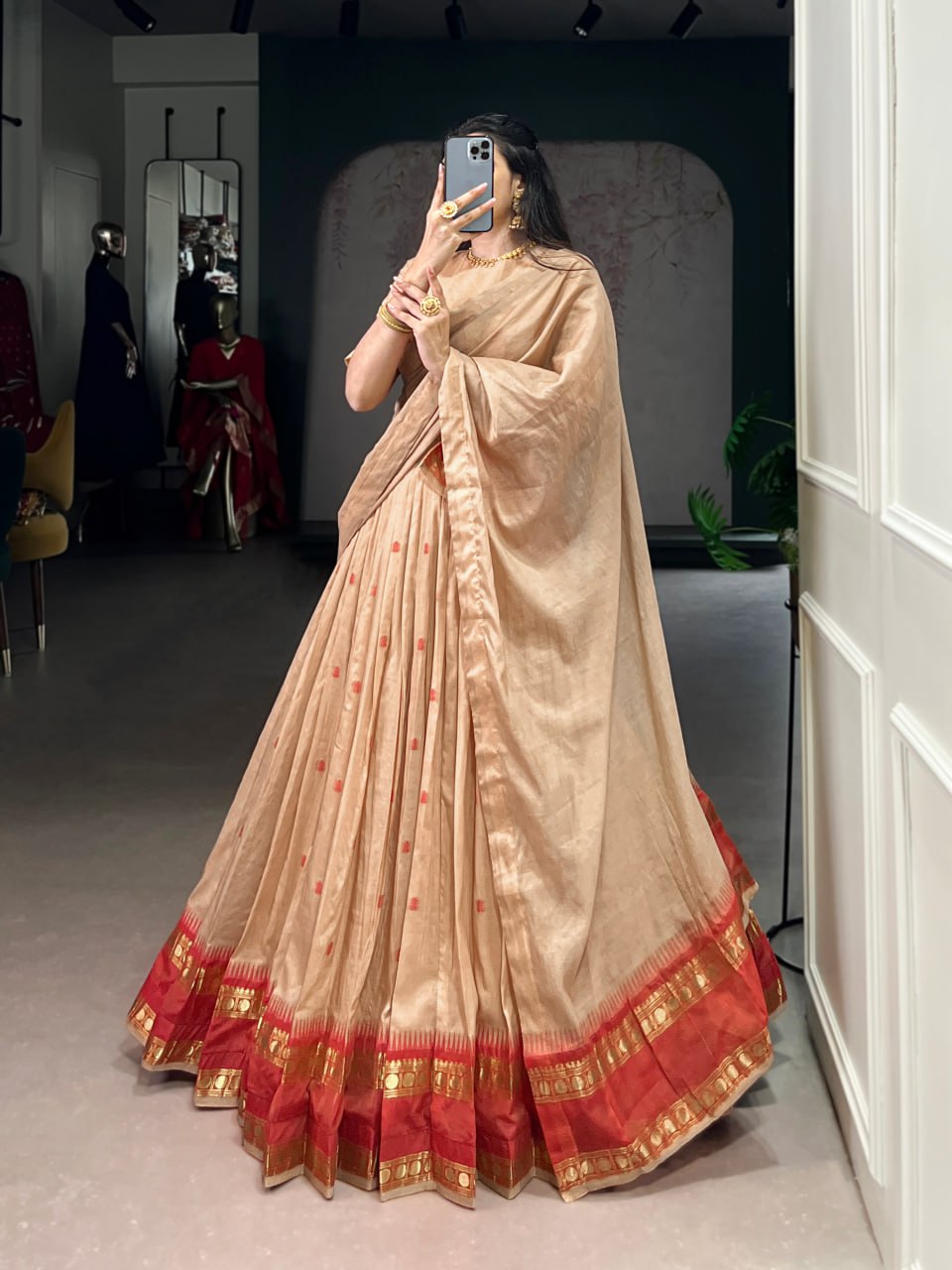  Cream Pure Traditional Chanderi Zari Weaving Saree Lehenga Choli Set