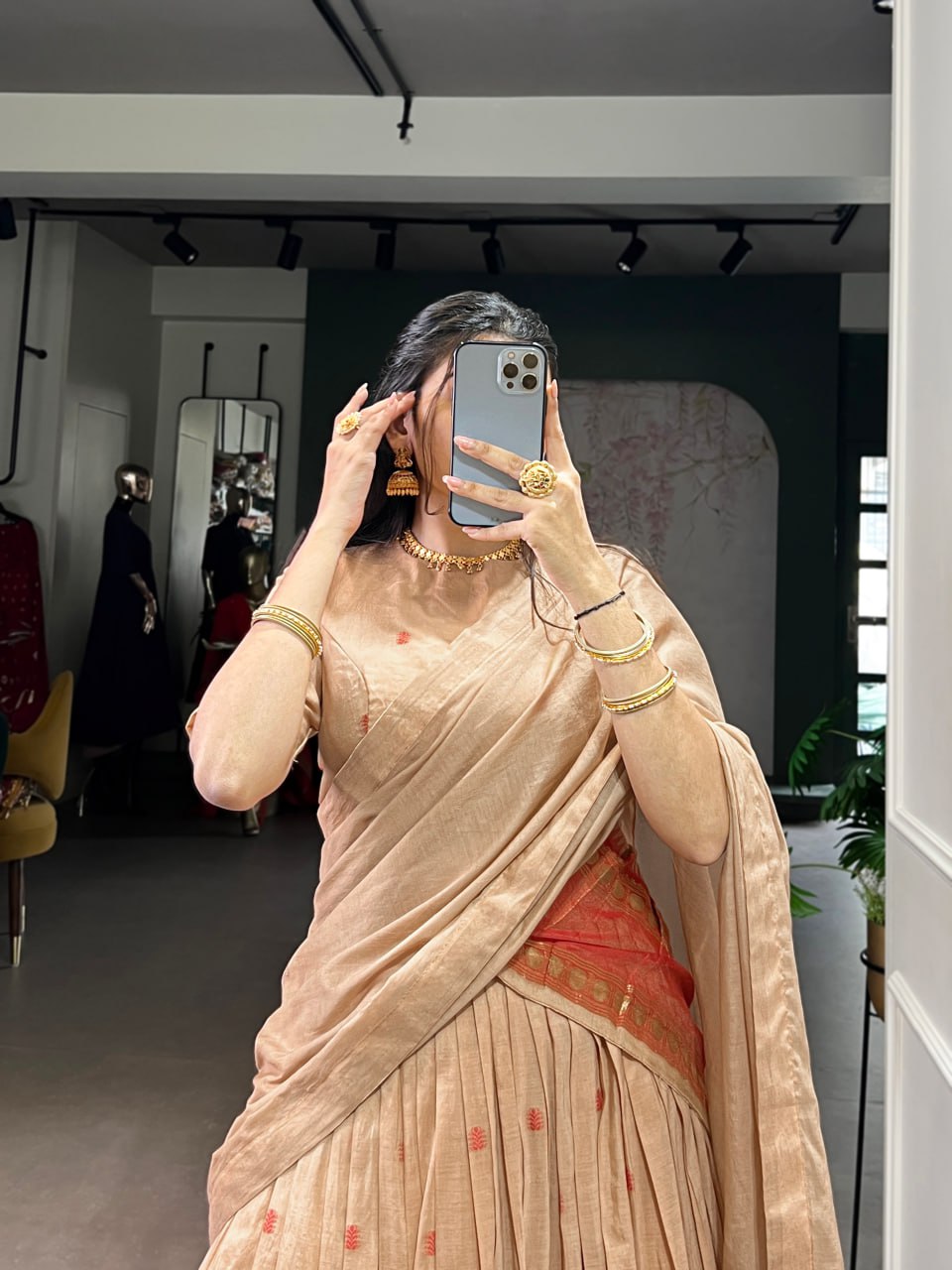  Cream Pure Traditional Chanderi Zari Weaving Saree Lehenga Choli Set