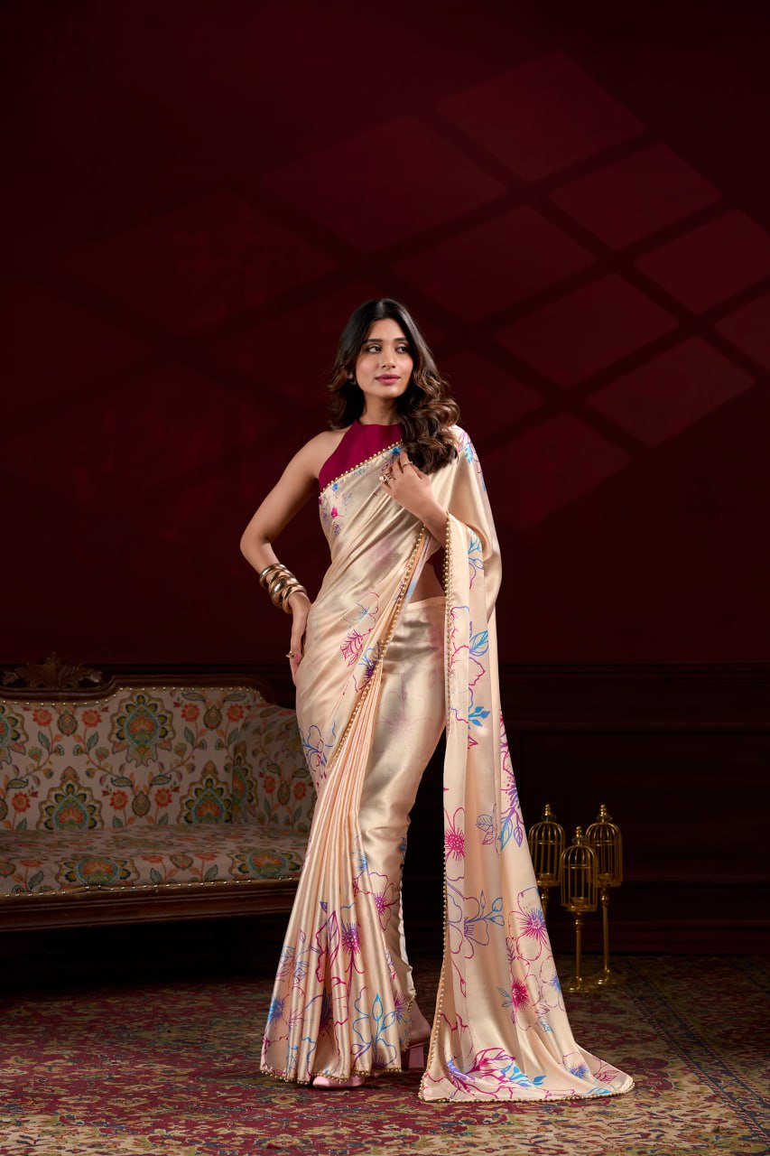 Cream Satin Silk Floral Printed Saree with Pearl Lace Border Blouse