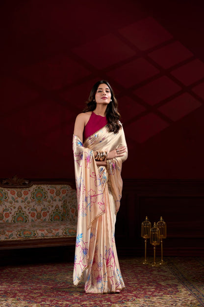 Cream Satin Silk Floral Printed Saree with Pearl Lace Border Blouse