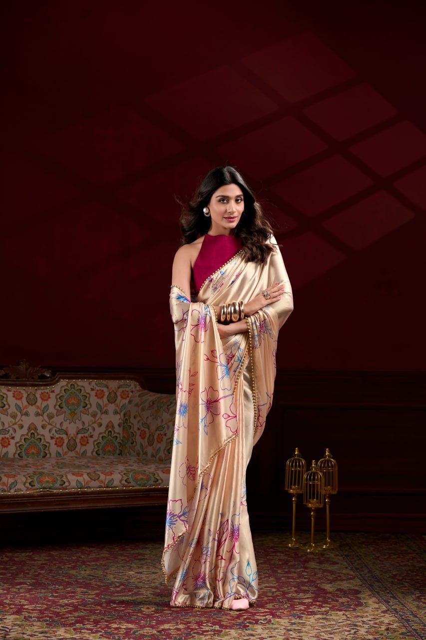 Cream Satin Silk Floral Printed Saree with Pearl Lace Border Blouse