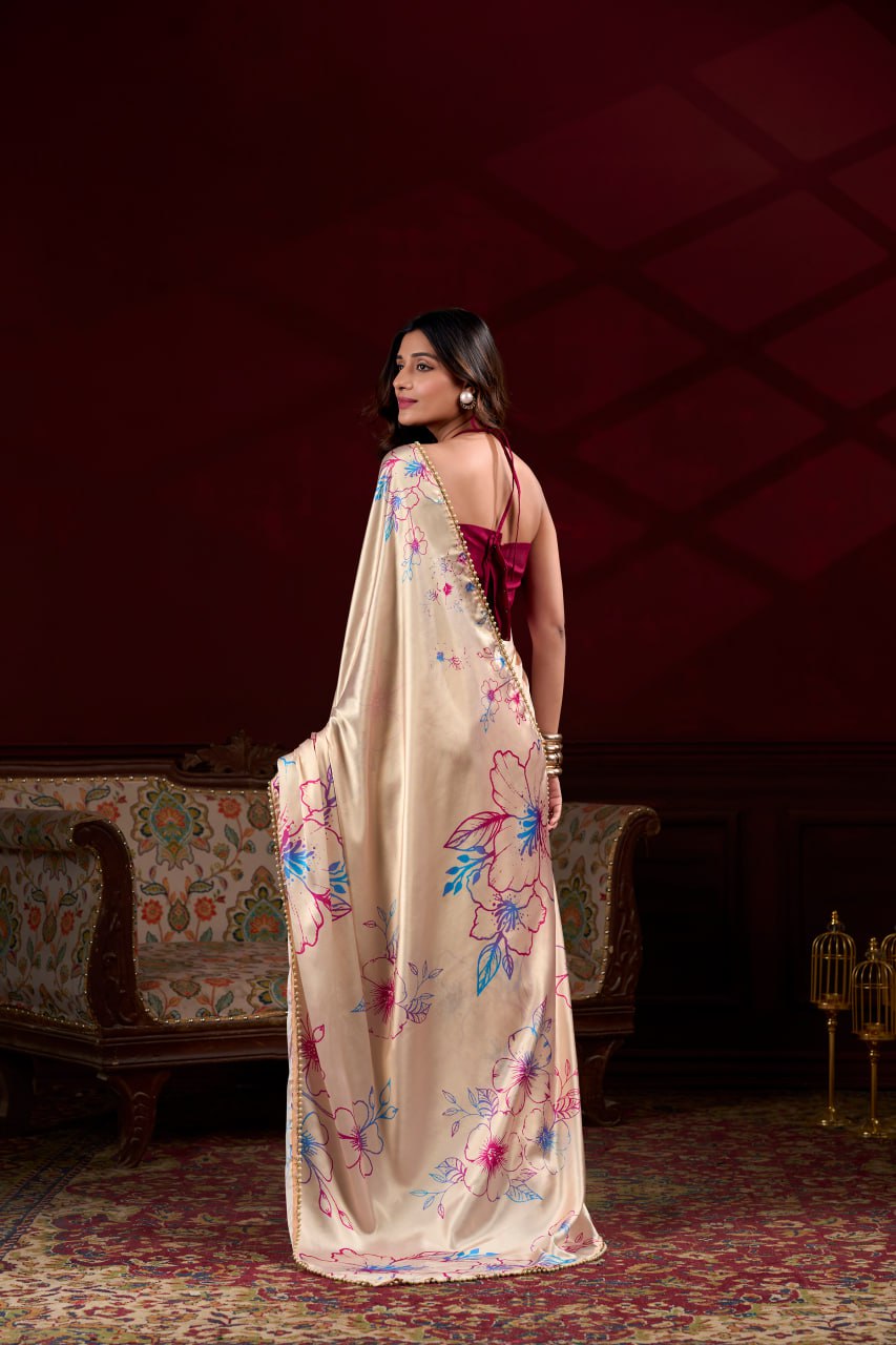 Cream Satin Silk Floral Printed Saree with Pearl Lace Border Blouse