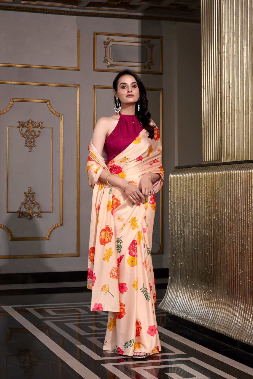 Cream Satin Silk Printes Saree with Moonga Silk Hotfix with Pink Blouse