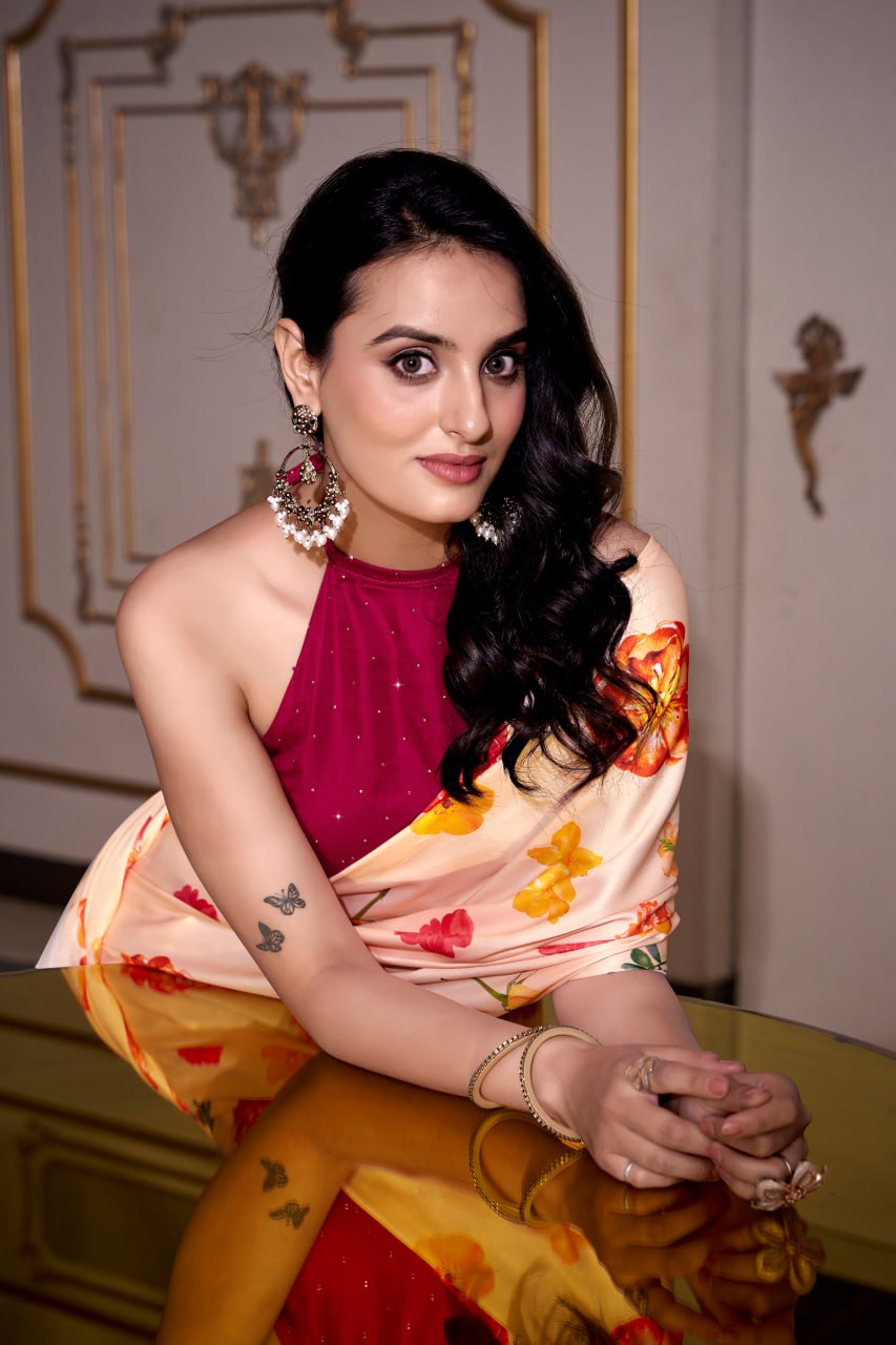 Cream Satin Silk Printes Saree with Moonga Silk Hotfix with Pink Blouse