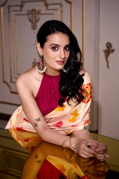 Cream Satin Silk Printes Saree with Moonga Silk Hotfix with Pink Blouse