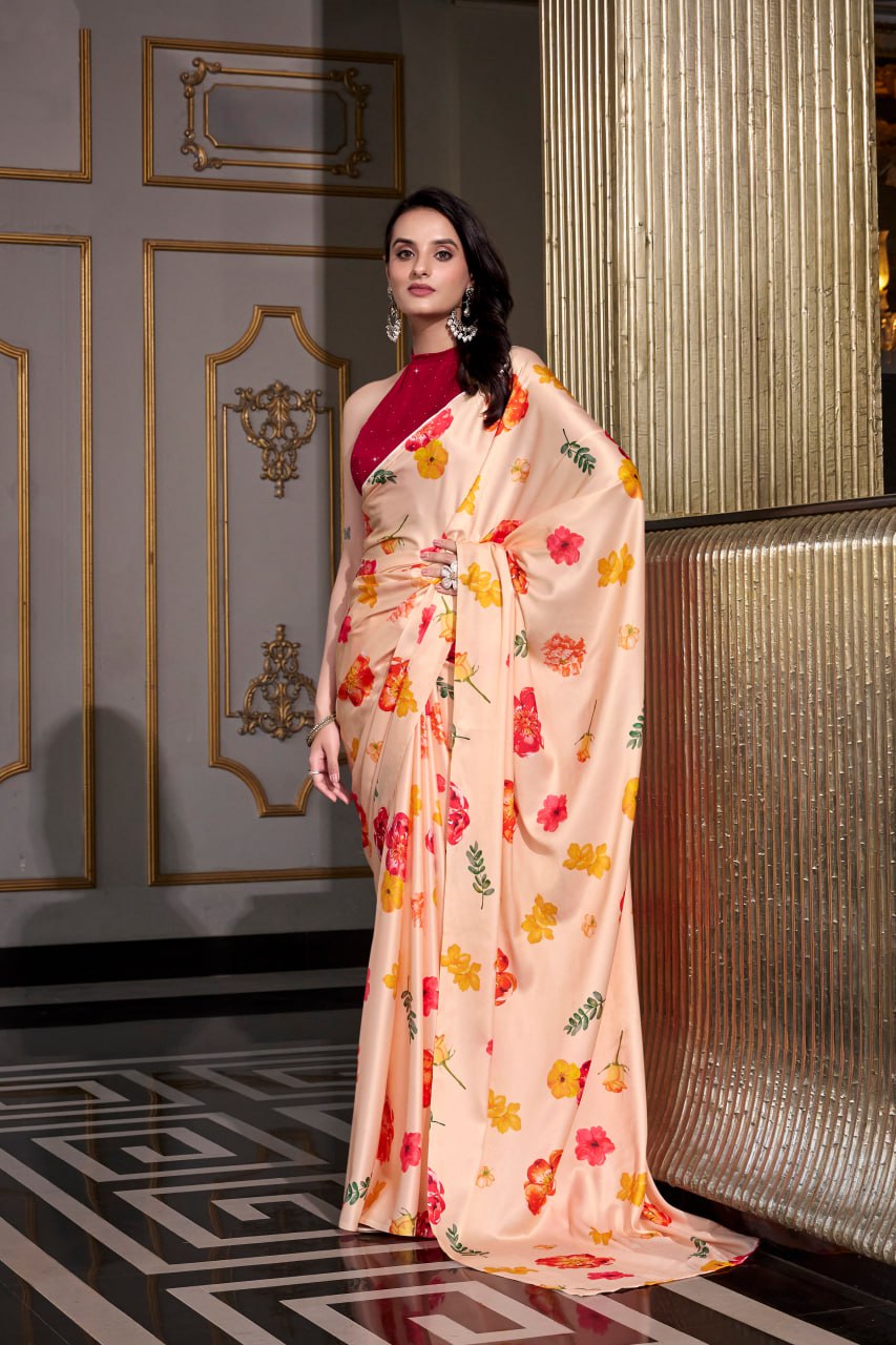 Cream Satin Silk Printes Saree with Moonga Silk Hotfix with Pink Blouse