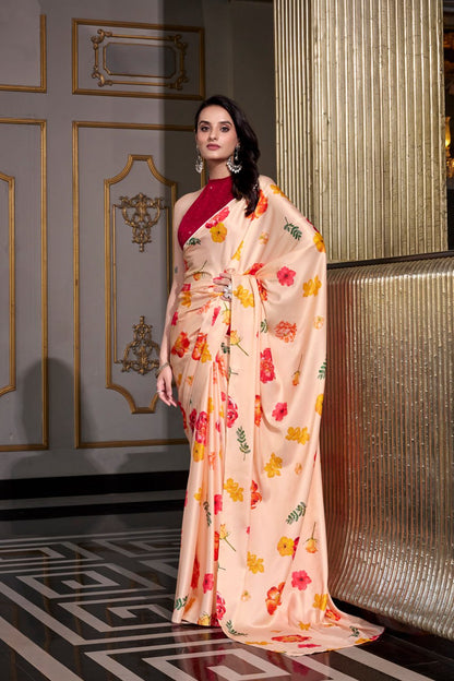 Cream Satin Silk Printes Saree with Moonga Silk Hotfix with Pink Blouse