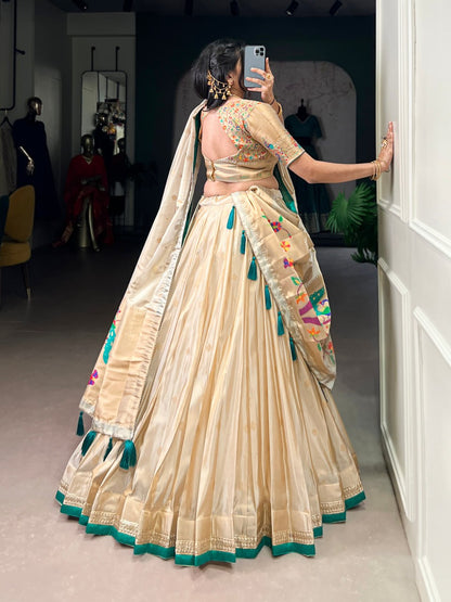 Cream Shimmer Paithani Zari Weaving Lehenga Choli with Green Border