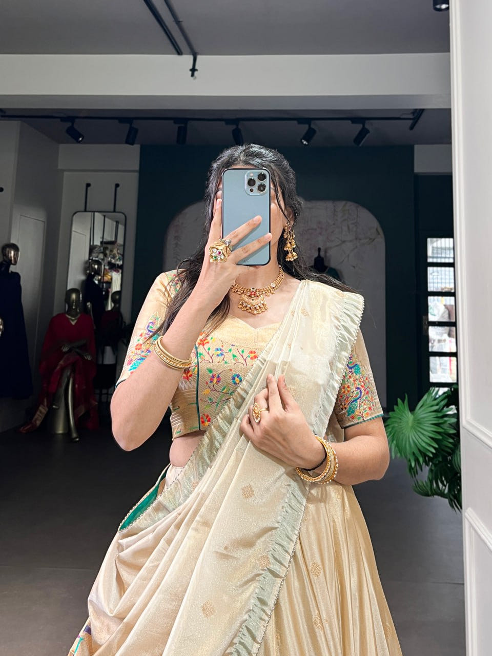 Cream Shimmer Paithani Zari Weaving Lehenga Choli with Green Border