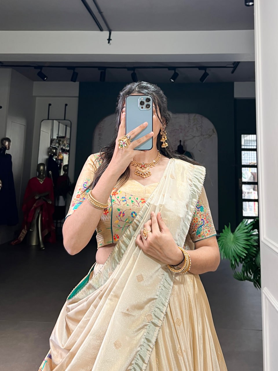 Cream Shimmer Paithani Zari Weaving Lehenga Choli with Green Border