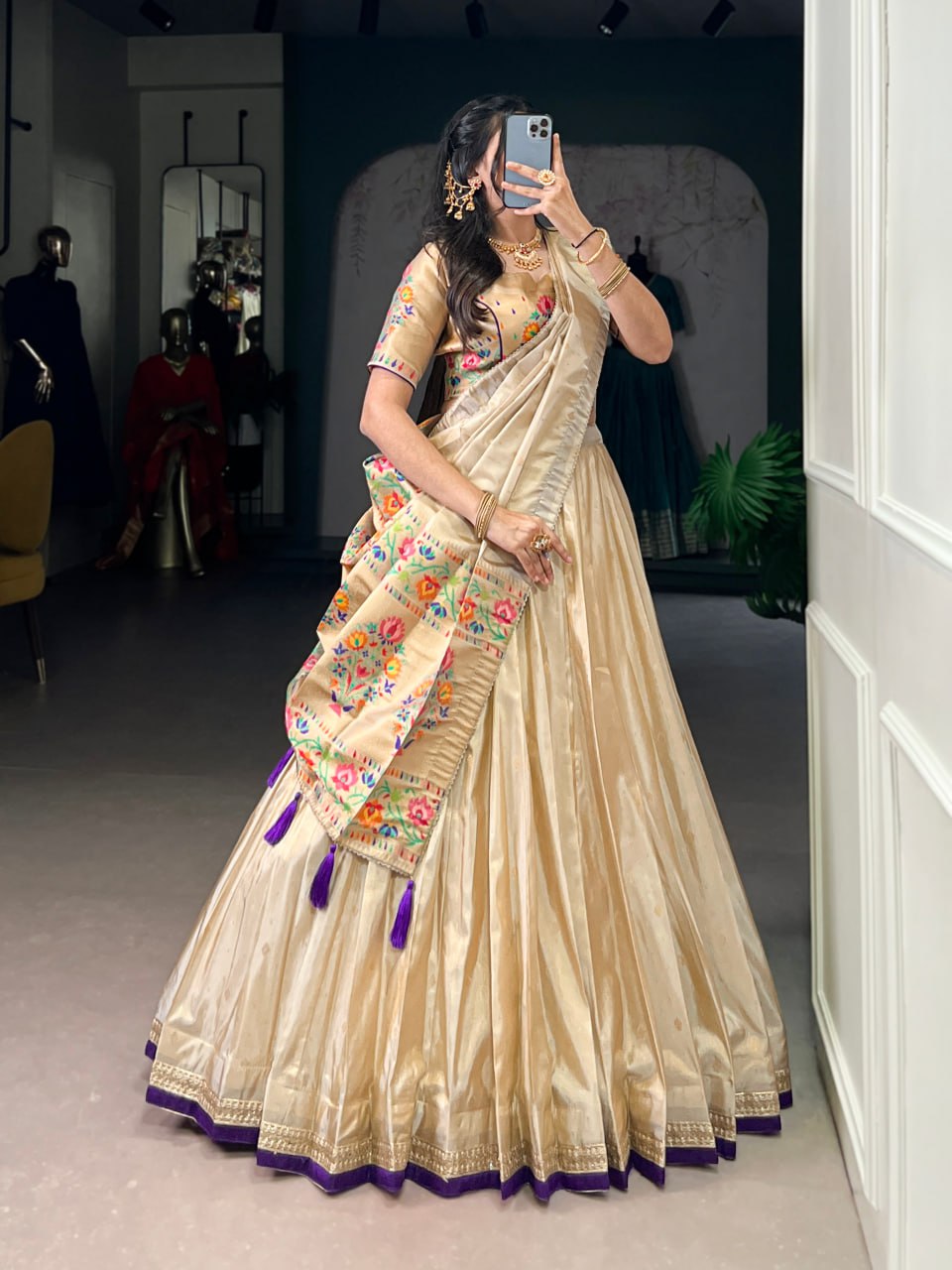 Cream Shimmer Paithani Zari Weaving Lehenga Choli with Purple Border