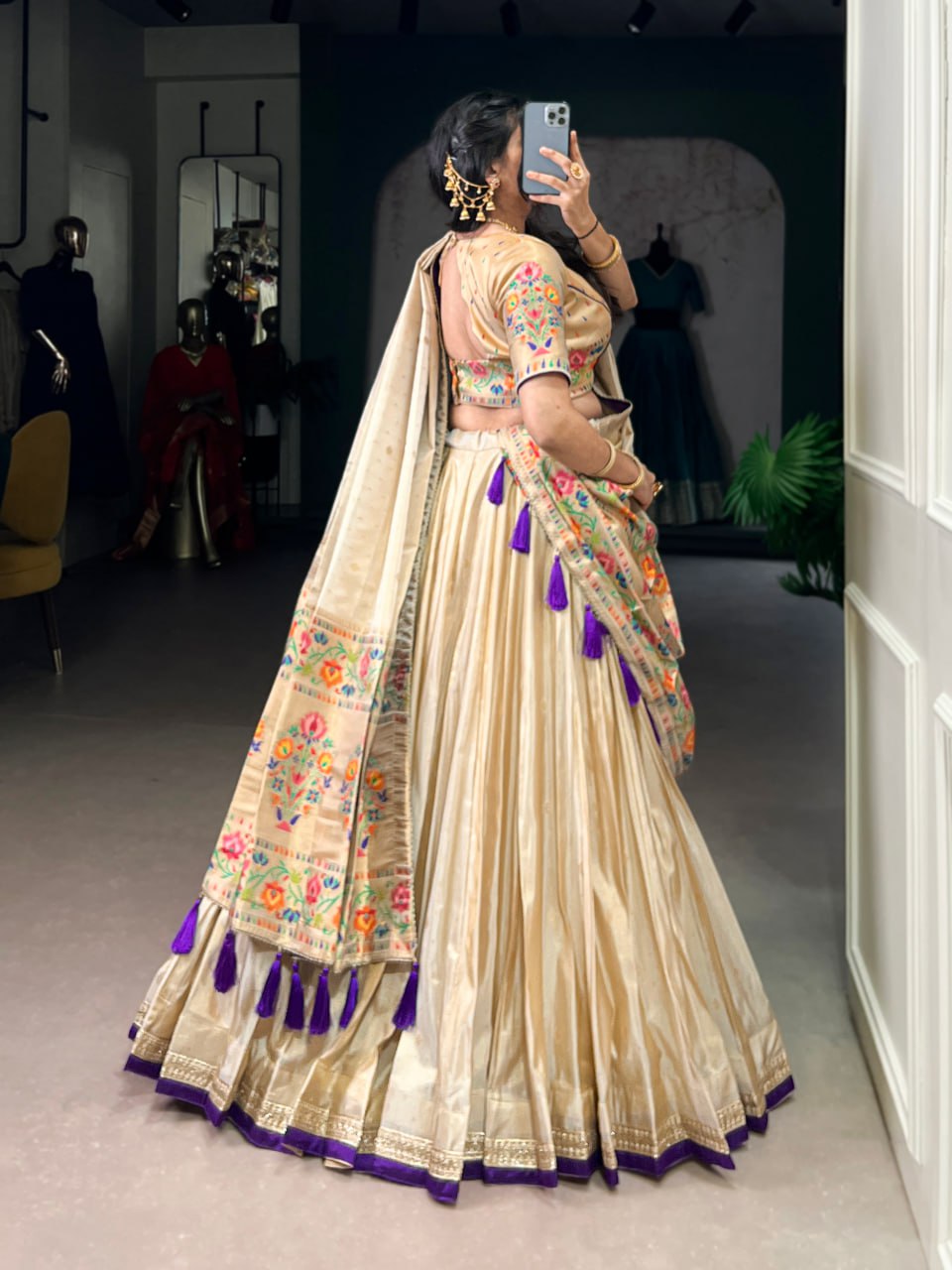 Cream Shimmer Paithani Zari Weaving Lehenga Choli with Purple Border