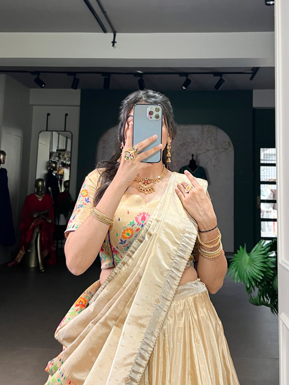 Cream Shimmer Paithani Zari Weaving Lehenga Choli with Purple Border