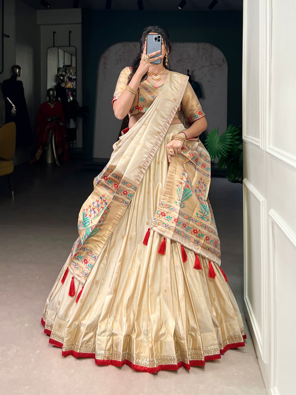 Cream Shimmer Paithani Zari Weaving Lehenga Choli with Red Border