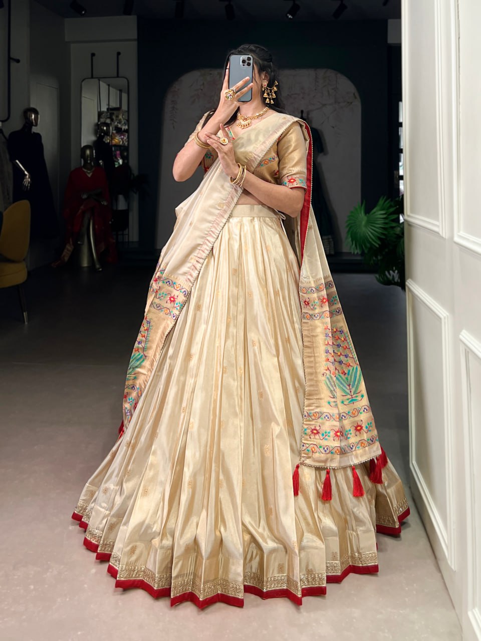 Cream Shimmer Paithani Zari Weaving Lehenga Choli with Red Border