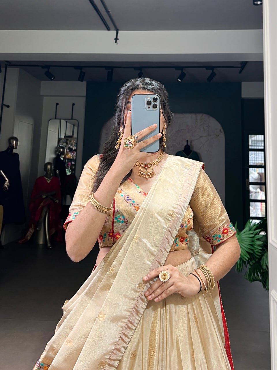 Cream Shimmer Paithani Zari Weaving Lehenga Choli with Red Border