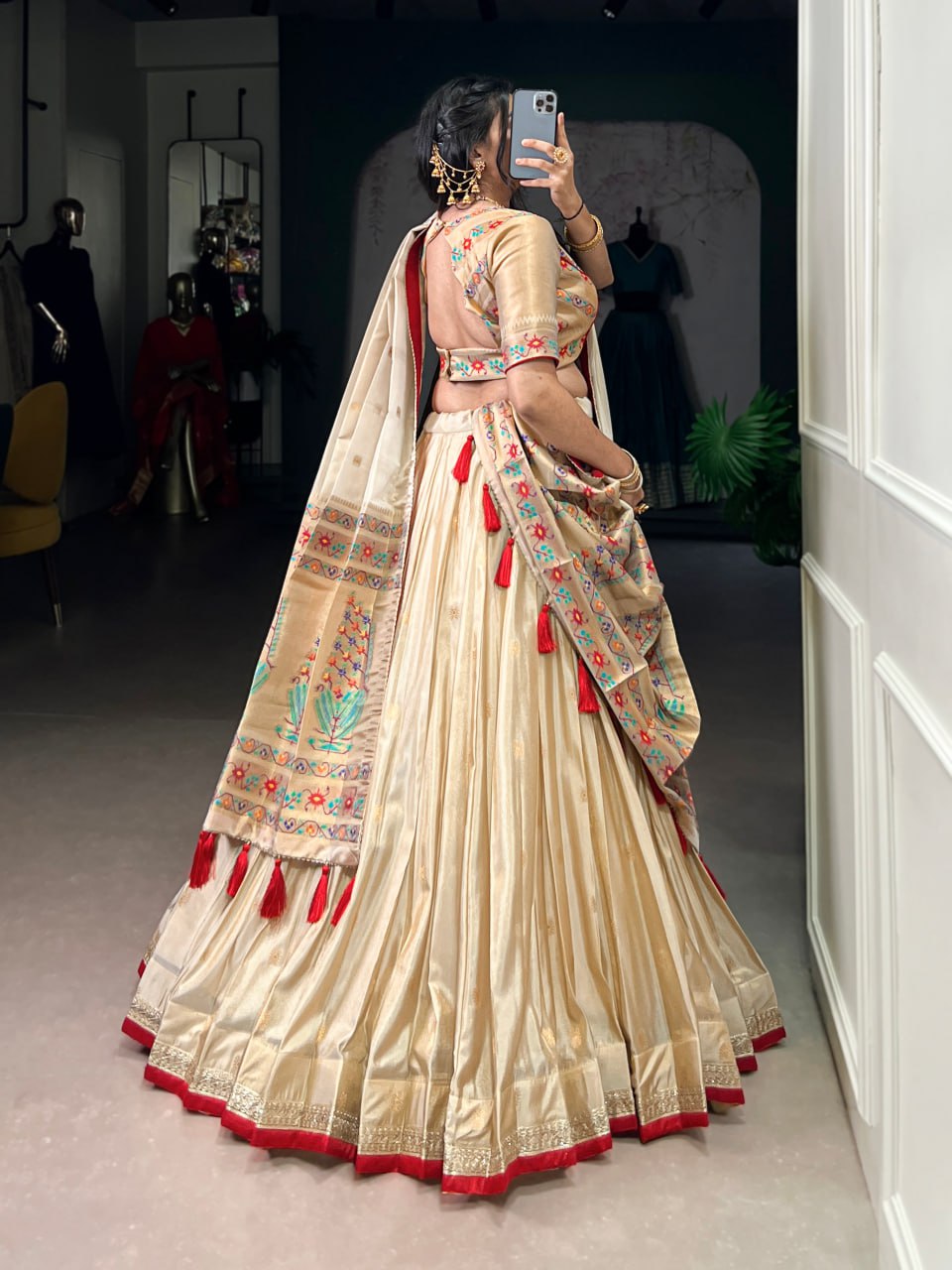 Cream Shimmer Paithani Zari Weaving Lehenga Choli with Red Border