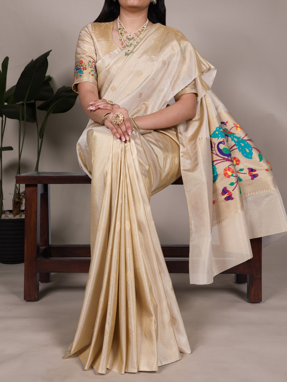 Cream Tissue Paithani Zari Weaving Saree with Matching Blouse